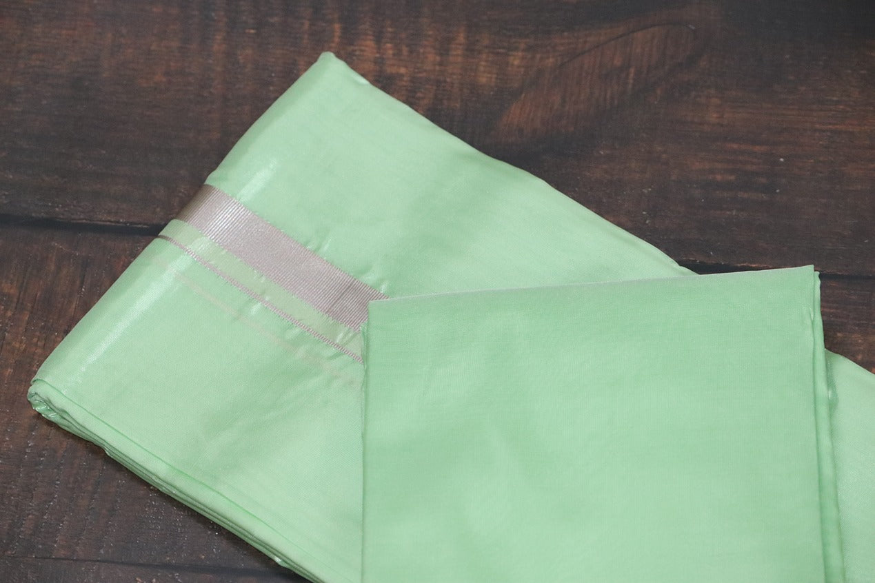Artsilk Pista Green Combo Set (Fabric+Dhoti) with Silver Border