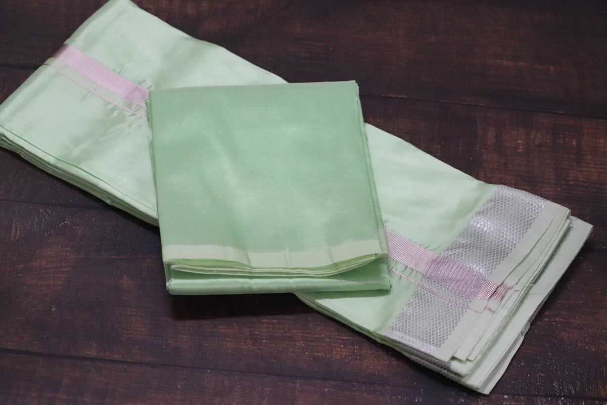 Artsilk Pista Green Combo Set (Fabric+Dhoti) with Silver Border