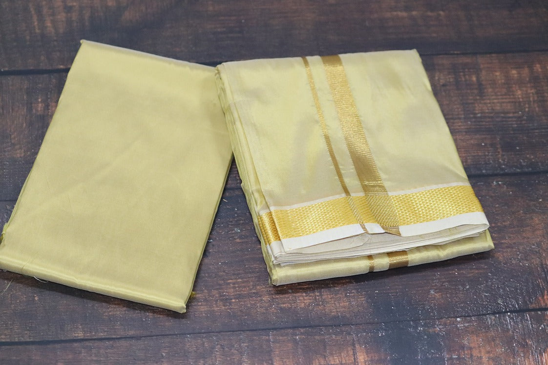 Artsilk Metallic Gold Combo Set (Fabric+Dhoti) with Gold Border
