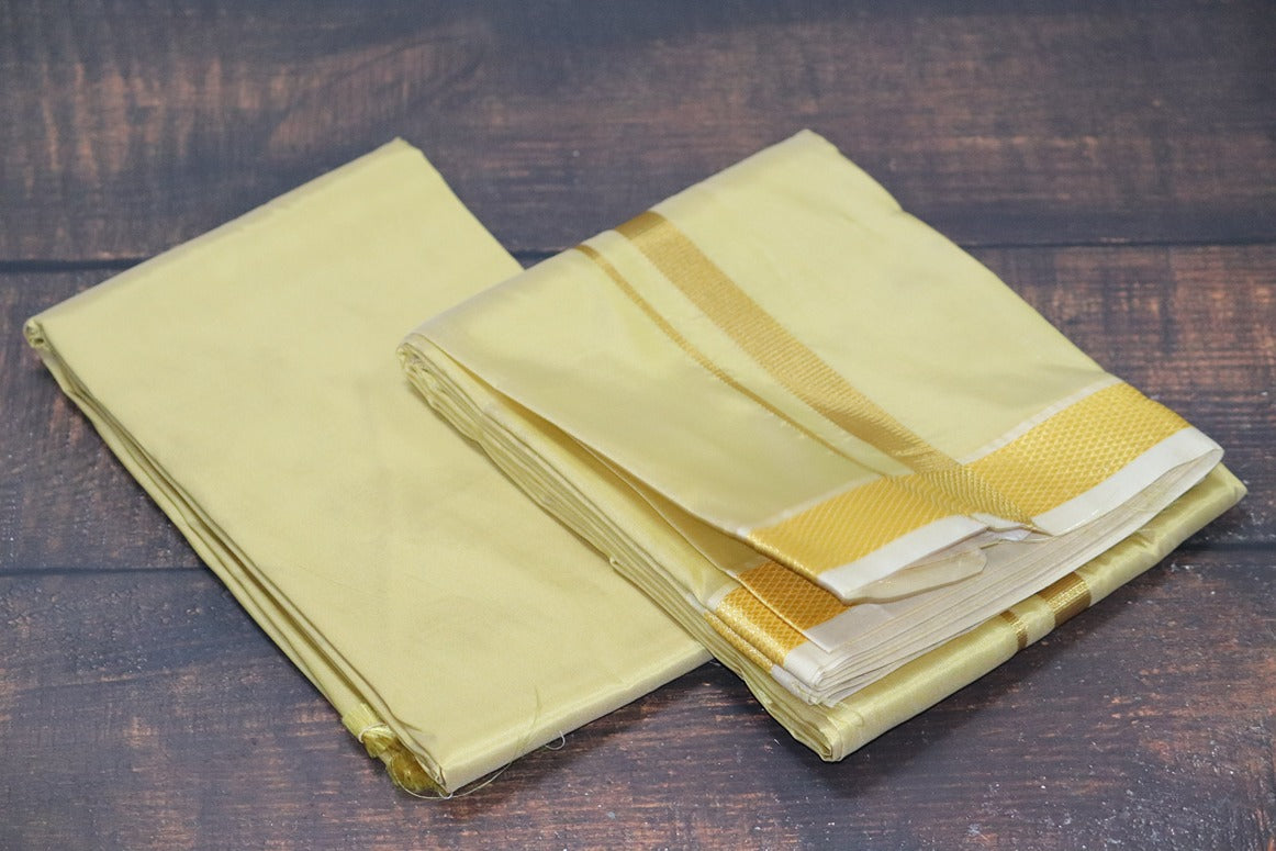 Artsilk Metallic Gold Combo Set (Fabric+Dhoti) with Gold Border