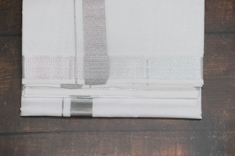 Silver Jari 50k White Dhoti - (3.90mtr = Double)