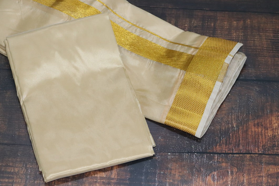 Artsilk Peach Cream Combo Set (Shirt Fabric+Dhoti) with Big Gold Border