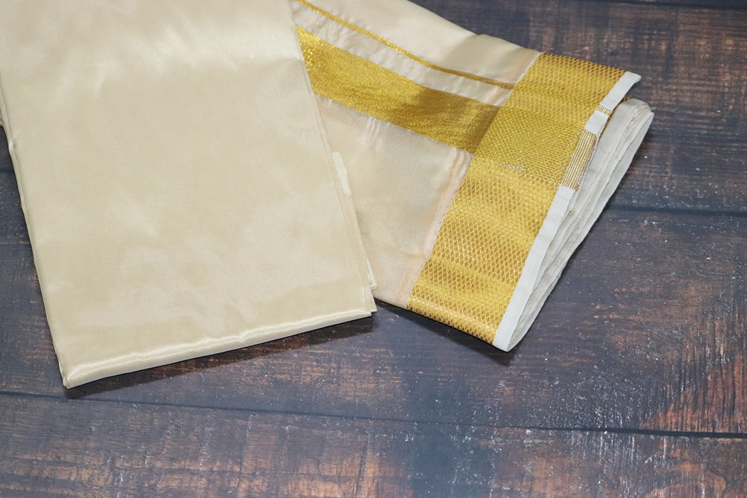 Artsilk Peach Cream Combo Set (Shirt Fabric+Dhoti) with Big Gold Border