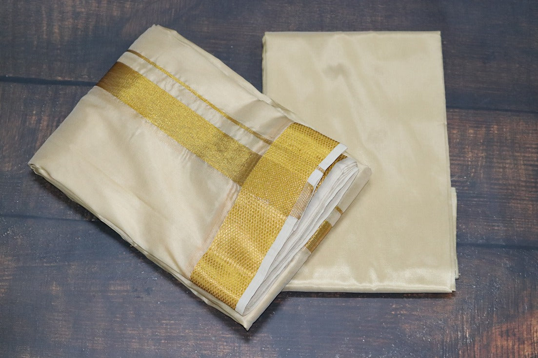 Artsilk Peach Cream Combo Set (Shirt Fabric+Dhoti) with Big Gold Border
