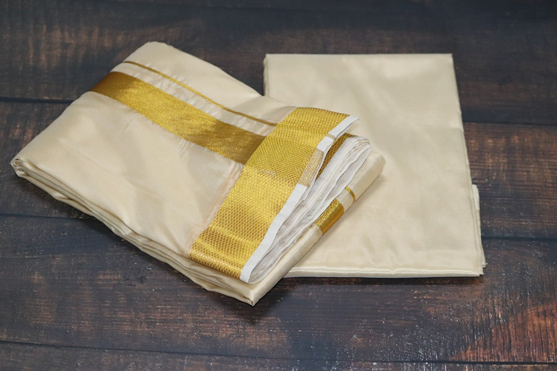 Artsilk Peach Cream Combo Set (Shirt Fabric+Dhoti) with Big Gold Border