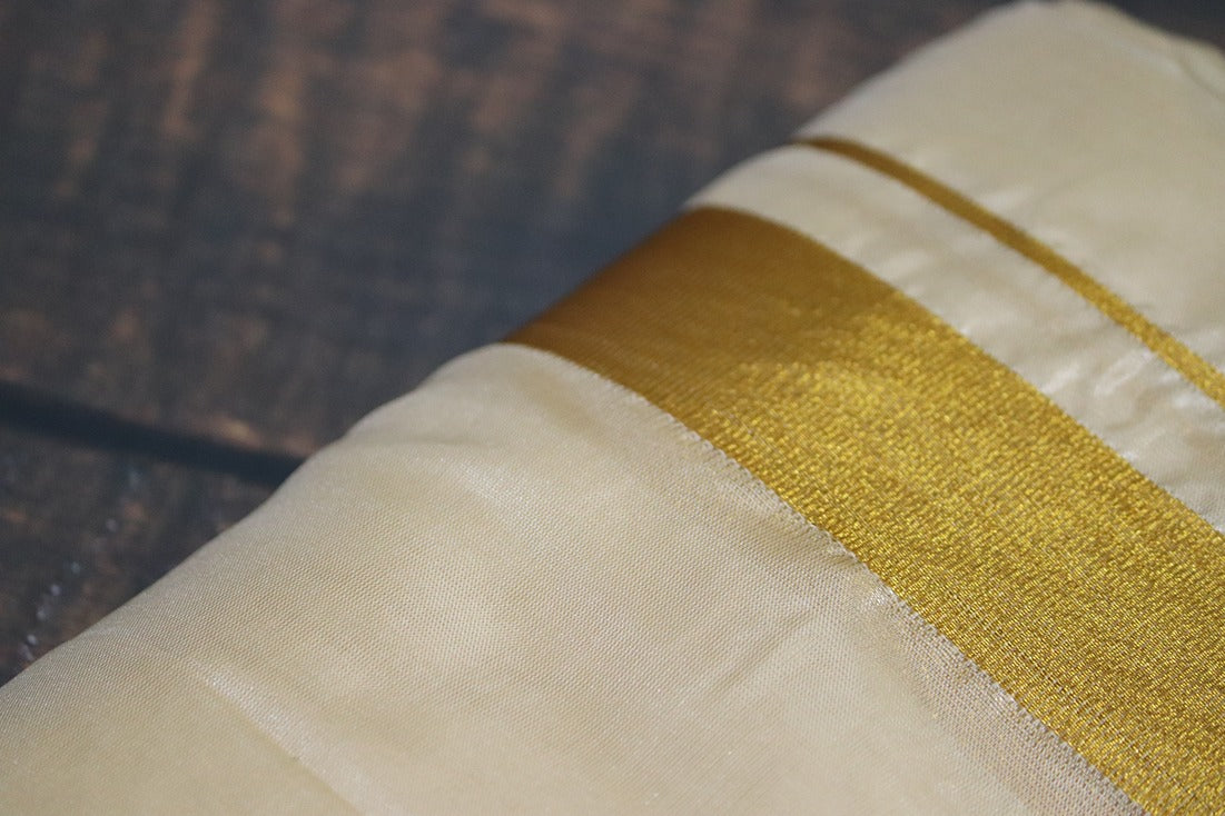 Artsilk Peach Cream Combo Set (Shirt Fabric+Dhoti) with Big Gold Border