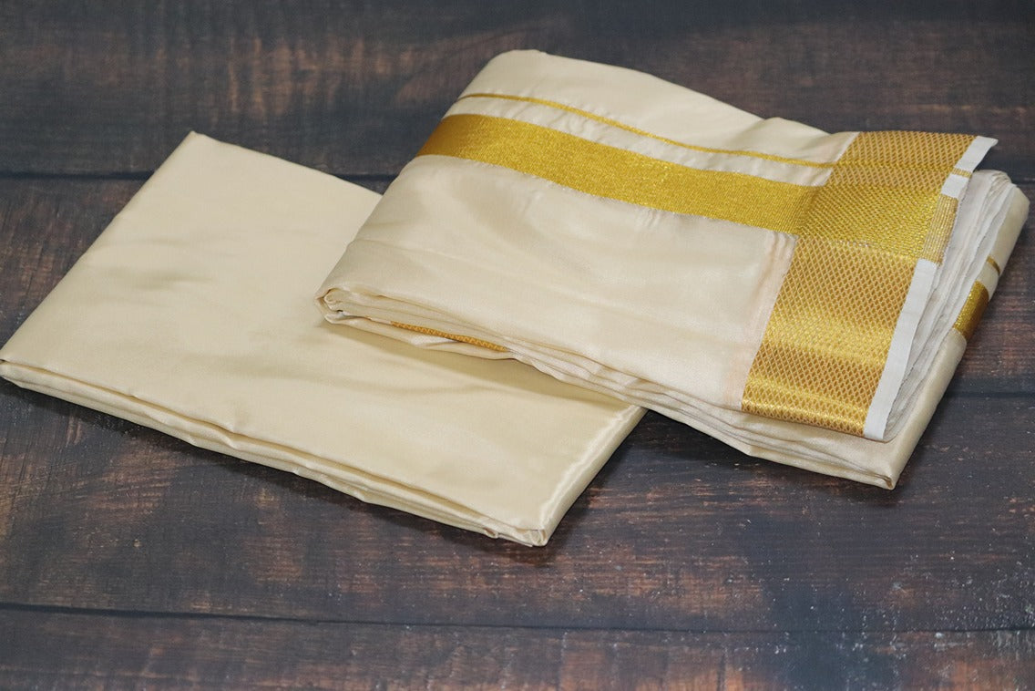 Artsilk Peach Cream Combo Set (Shirt Fabric+Dhoti) with Big Gold Border