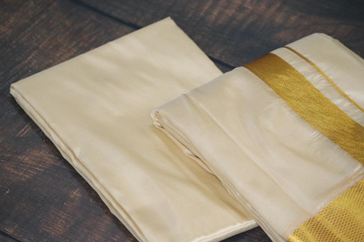 Artsilk Peach Cream Combo Set (Shirt Fabric+Dhoti) with Big Gold Border