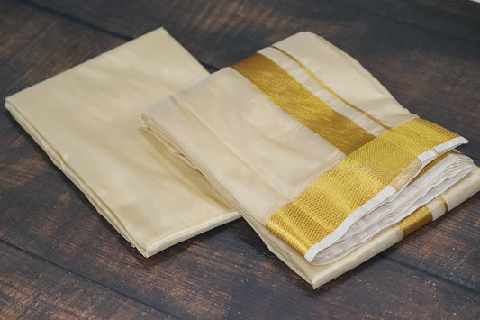 Artsilk Peach Cream Combo Set (Shirt Fabric+Dhoti) with Big Gold Border