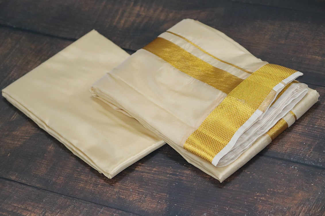 Artsilk Peach Cream Combo Set (Shirt Fabric+Dhoti) with Big Gold Border