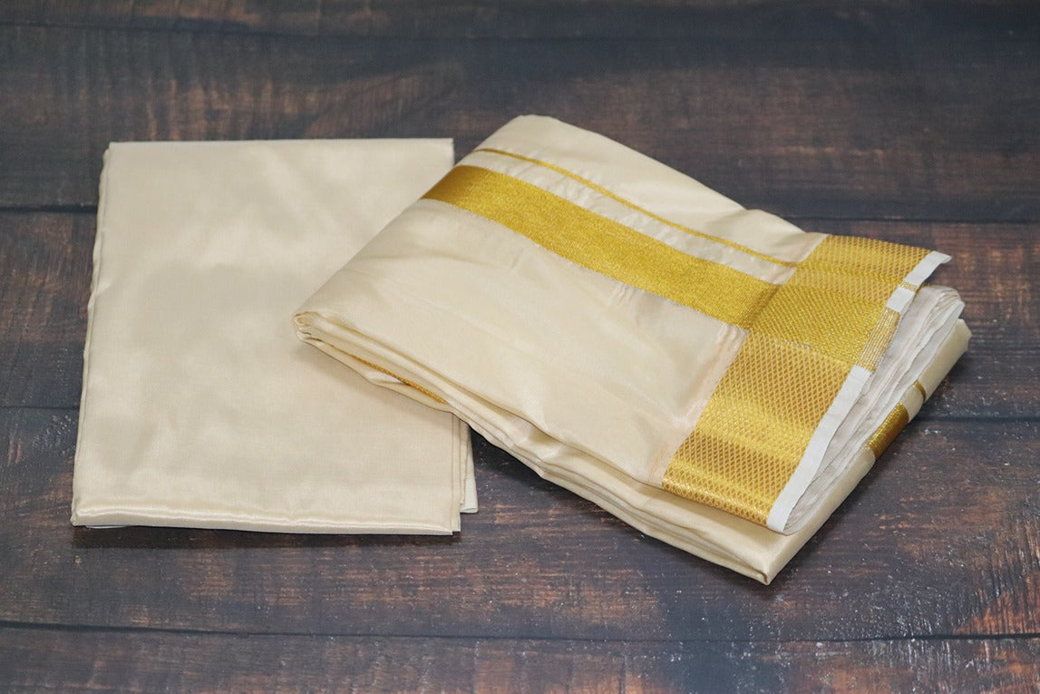 Artsilk Peach Cream Combo Set (Shirt Fabric+Dhoti) with Big Gold Border