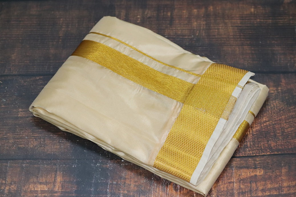 Artsilk Peach Cream Combo Set (Shirt Fabric+Dhoti) with Big Gold Border