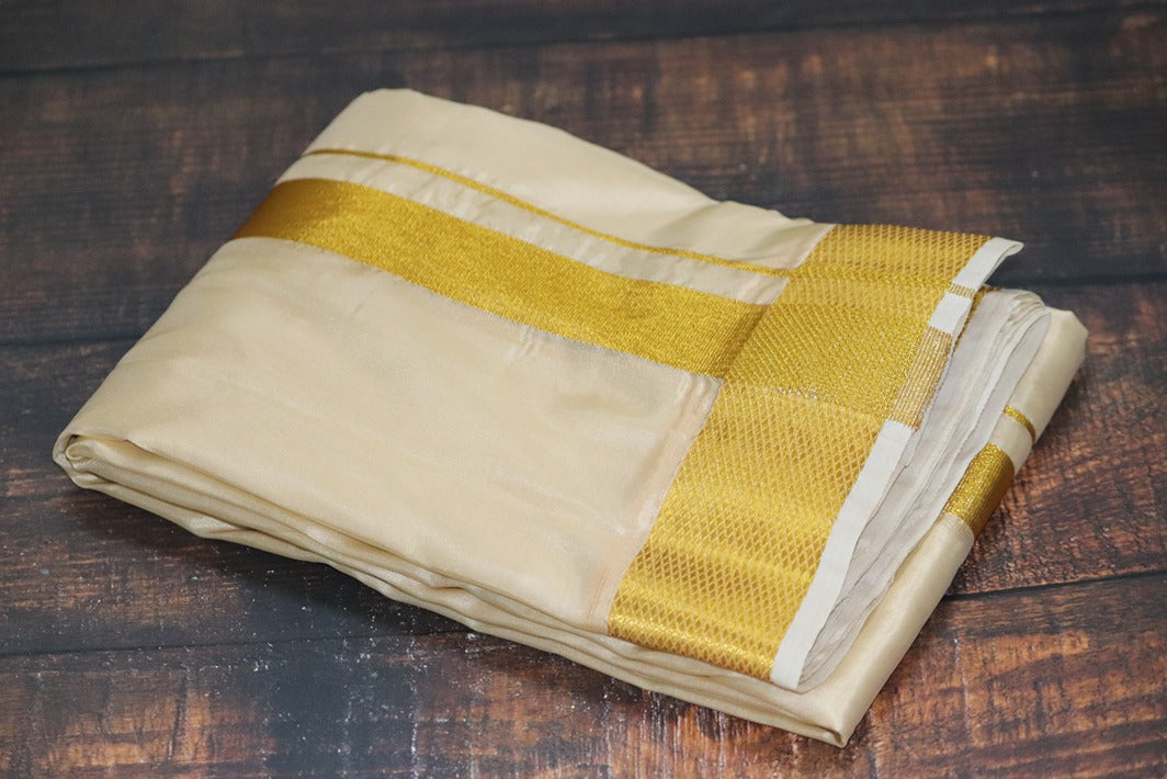 Artsilk Peach Cream Combo Set (Shirt Fabric+Dhoti) with Big Gold Border