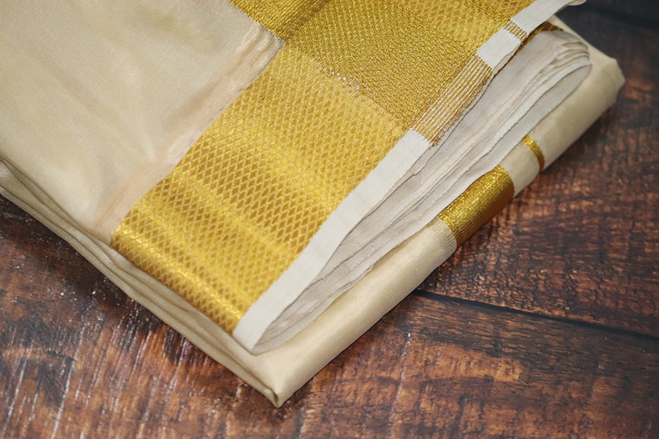 Artsilk Peach Cream Combo Set (Shirt Fabric+Dhoti) with Big Gold Border