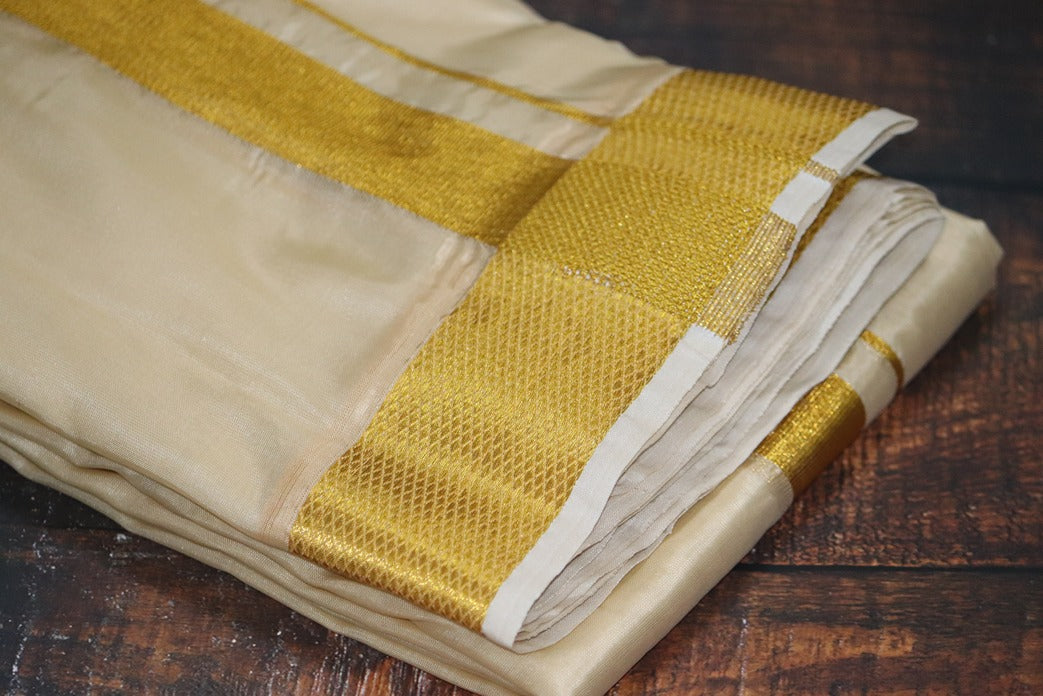 Artsilk Peach Cream Combo Set (Shirt Fabric+Dhoti) with Big Gold Border