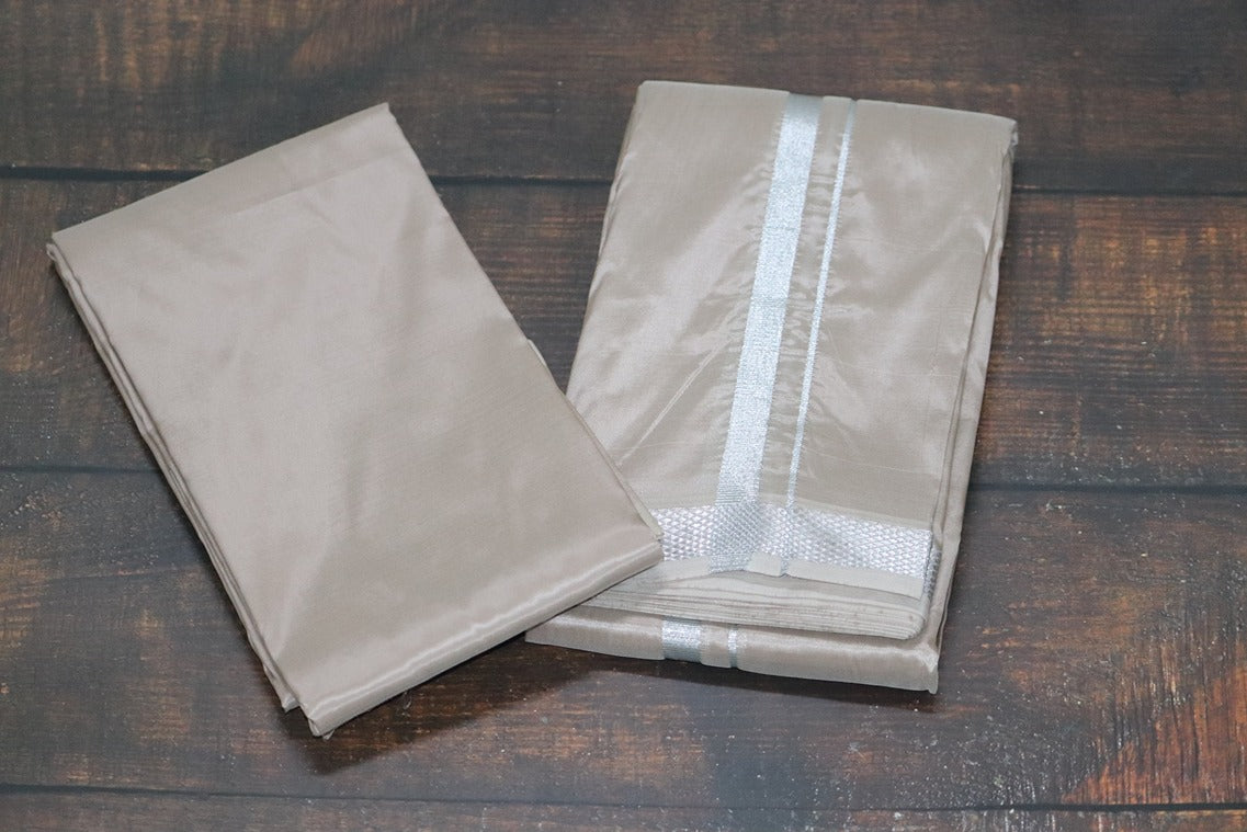 Artsilk SandStone Combo Set (Shirt Fabric+Dhoti) with Silver Border