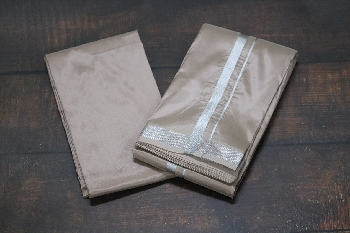 Artsilk SandStone Combo Set (Shirt Fabric+Dhoti) with Silver Border