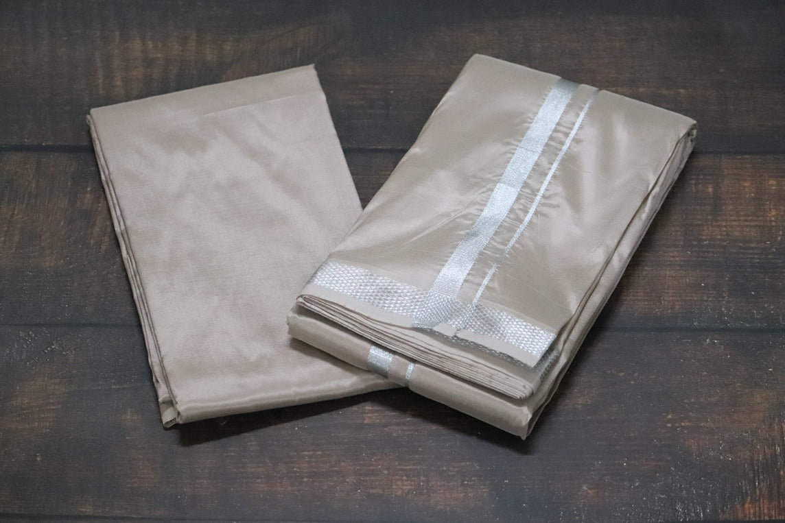 Artsilk SandStone Combo Set (Shirt Fabric+Dhoti) with Silver Border