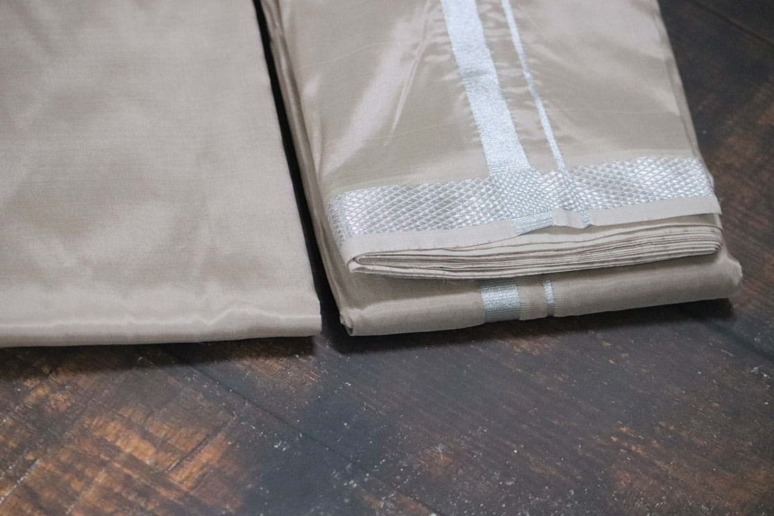 Artsilk SandStone Combo Set (Shirt Fabric+Dhoti) with Silver Border