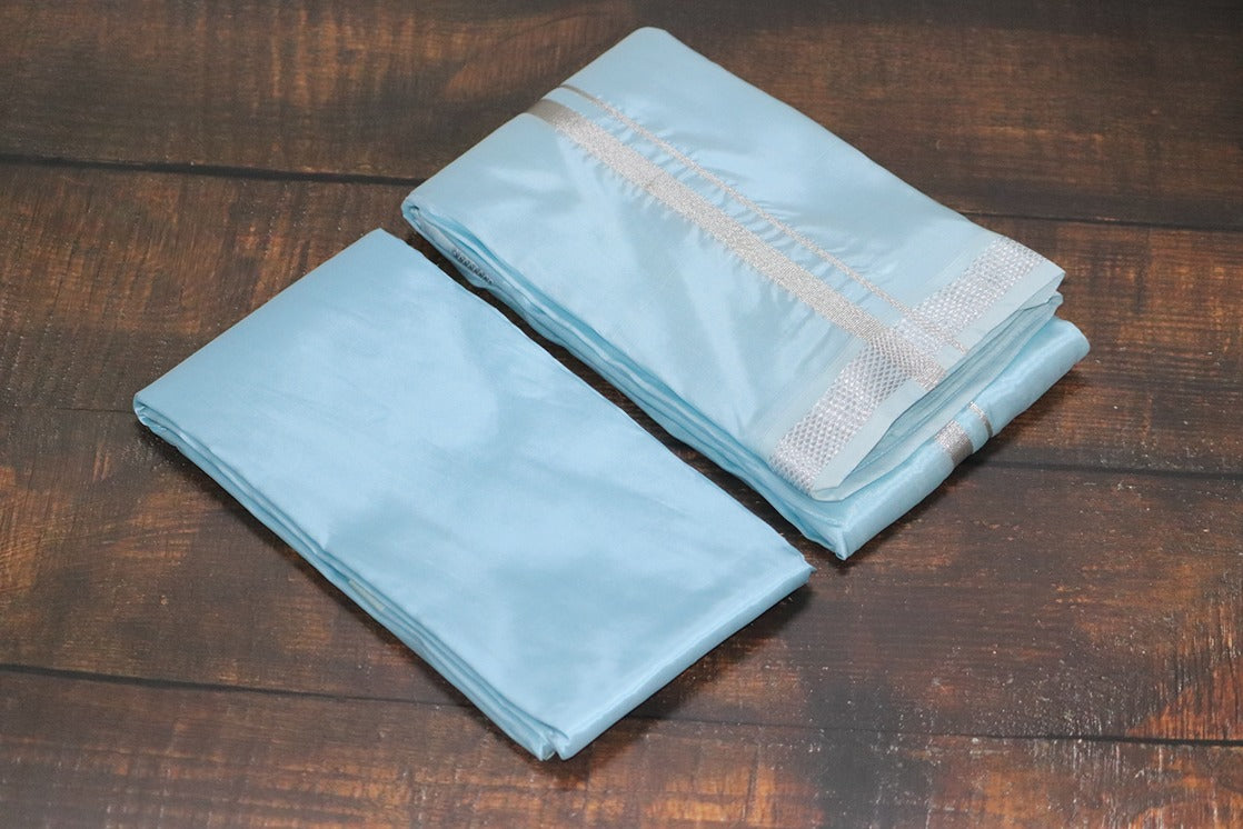 Artsilk Ocean Blue Combo Set (Shirt Fabric+Dhoti) with Silver Border