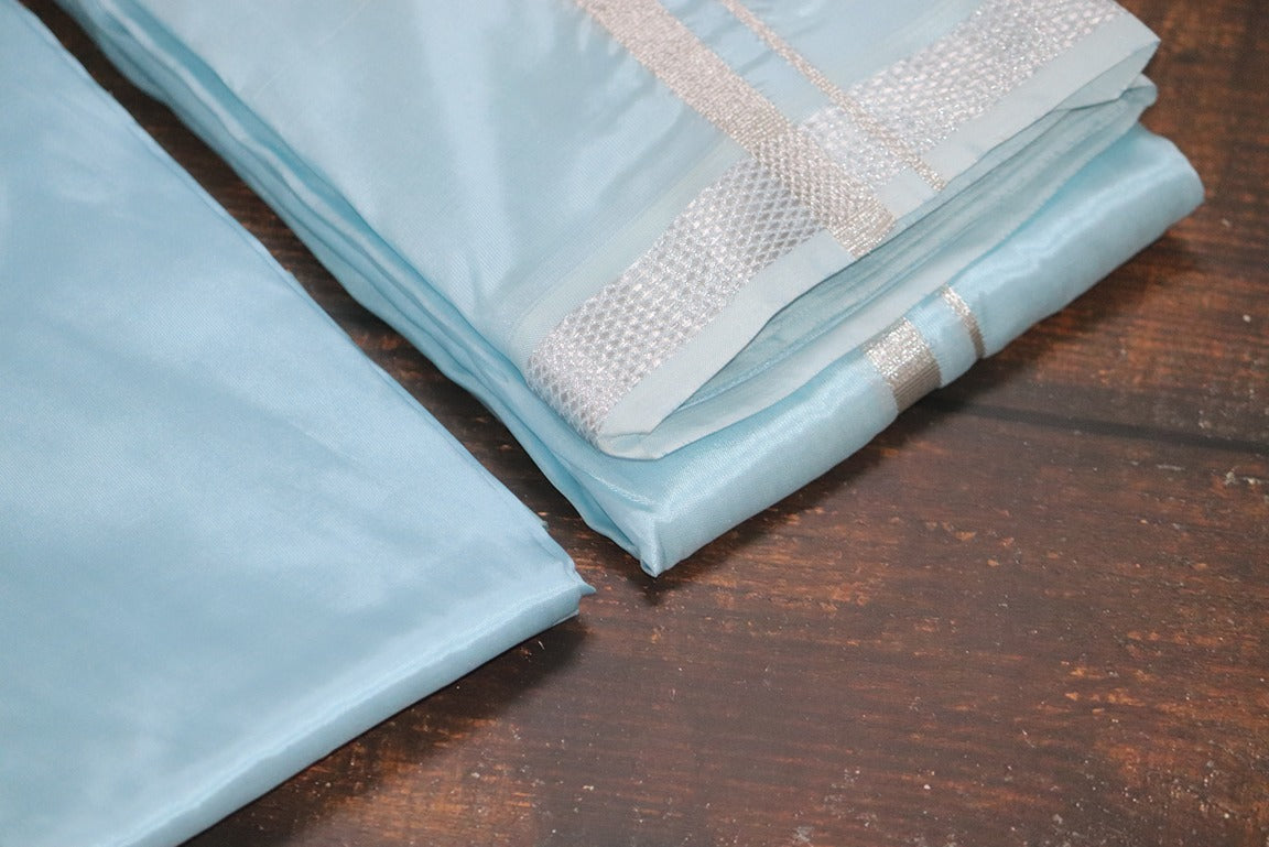 Artsilk Ocean Blue Combo Set (Shirt Fabric+Dhoti) with Silver Border