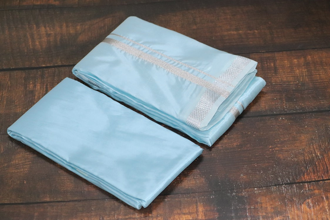 Artsilk Ocean Blue Combo Set (Shirt Fabric+Dhoti) with Silver Border