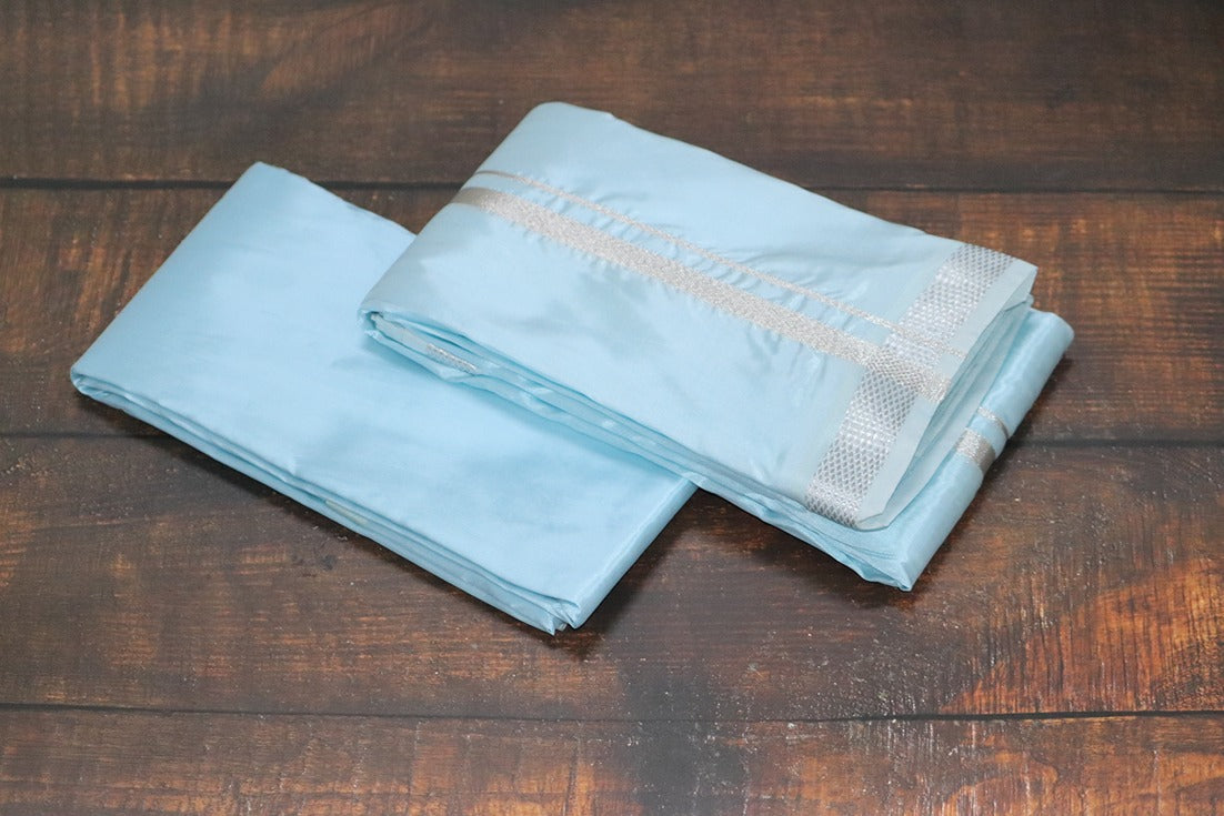 Artsilk Ocean Blue Combo Set (Shirt Fabric+Dhoti) with Silver Border