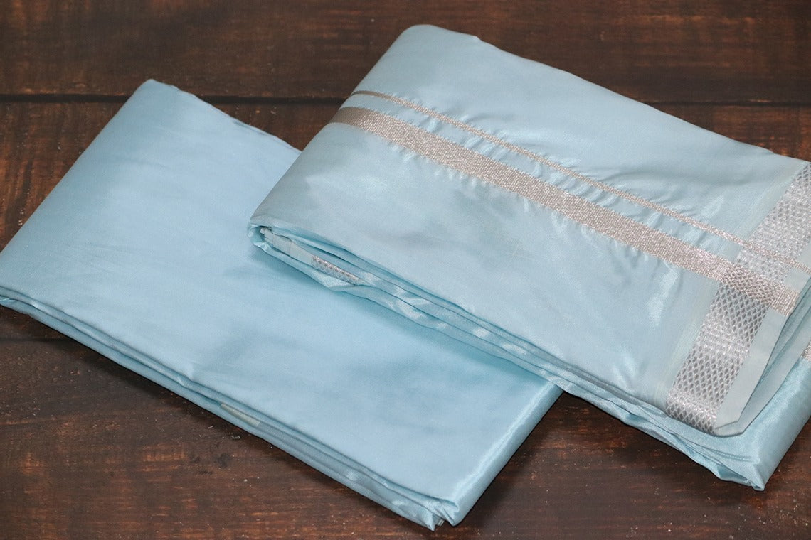 Artsilk Ocean Blue Combo Set (Shirt Fabric+Dhoti) with Silver Border