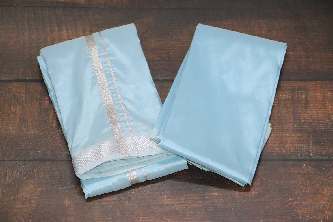 Artsilk Ocean Blue Combo Set (Shirt Fabric+Dhoti) with Silver Border