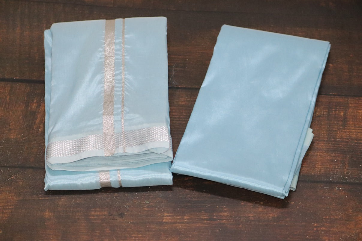 Artsilk Ocean Blue Combo Set (Shirt Fabric+Dhoti) with Silver Border