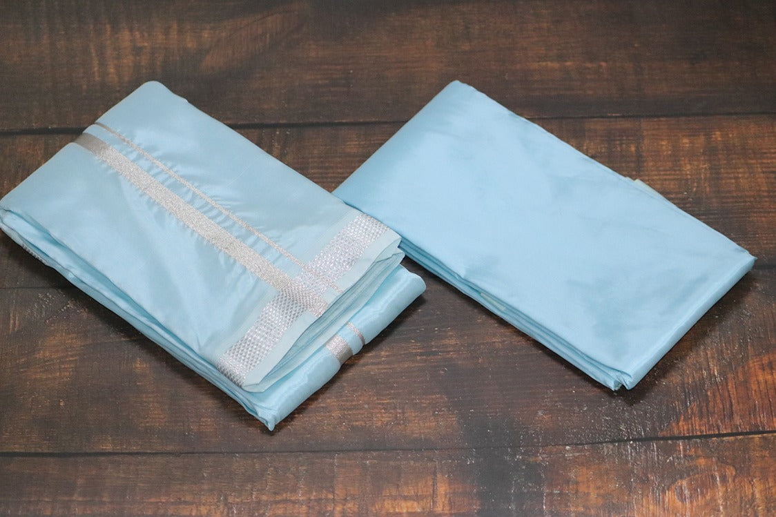 Artsilk Ocean Blue Combo Set (Shirt Fabric+Dhoti) with Silver Border