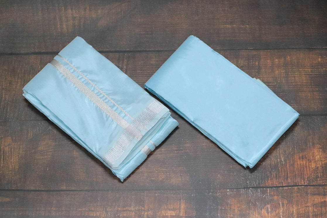 Artsilk Ocean Blue Combo Set (Shirt Fabric+Dhoti) with Silver Border
