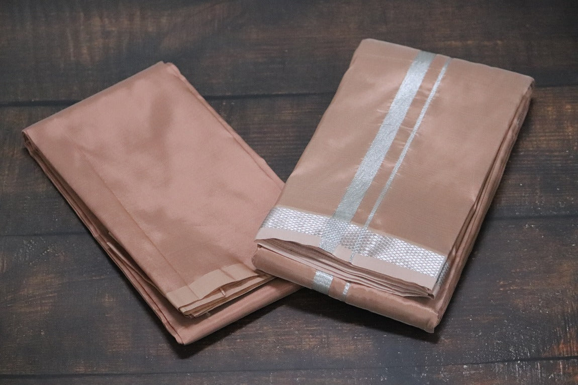 Artsilk Salmon Orange Combo Set (Shirt Fabric+Dhoti) with Silver Border