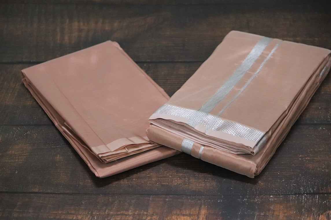 Artsilk Salmon Orange Combo Set (Shirt Fabric+Dhoti) with Silver Border