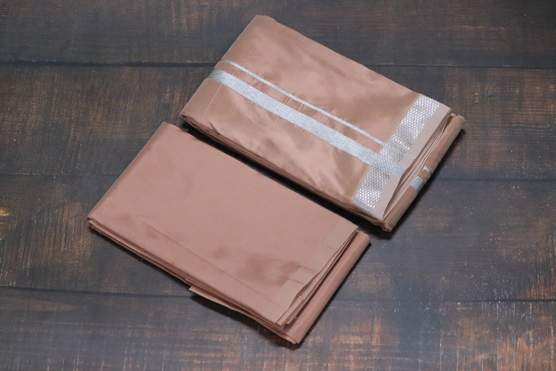 Artsilk Salmon Orange Combo Set (Shirt Fabric+Dhoti) with Silver Border