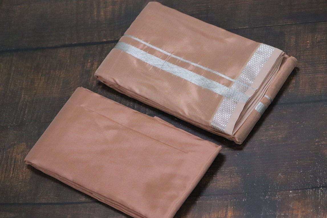 Artsilk Salmon Orange Combo Set (Shirt Fabric+Dhoti) with Silver Border