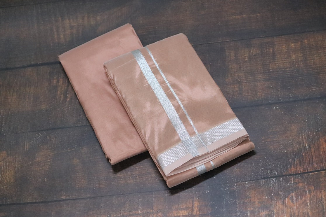 Artsilk Salmon Orange Combo Set (Shirt Fabric+Dhoti) with Silver Border