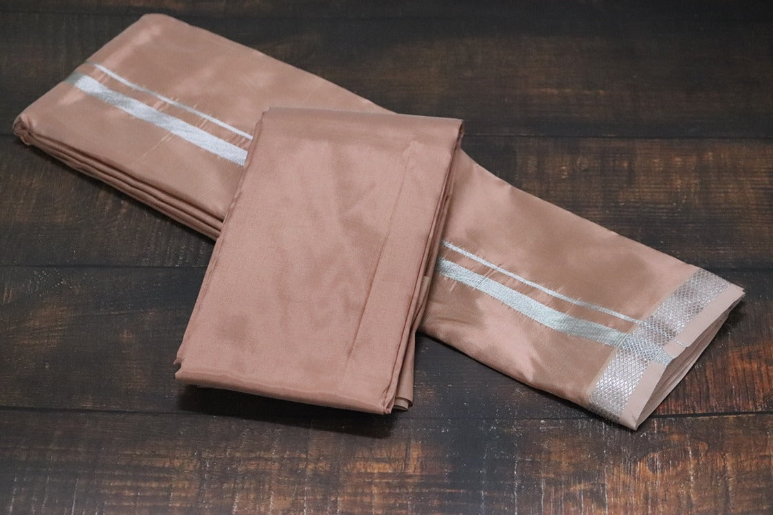 Artsilk Salmon Orange Combo Set (Shirt Fabric+Dhoti) with Silver Border