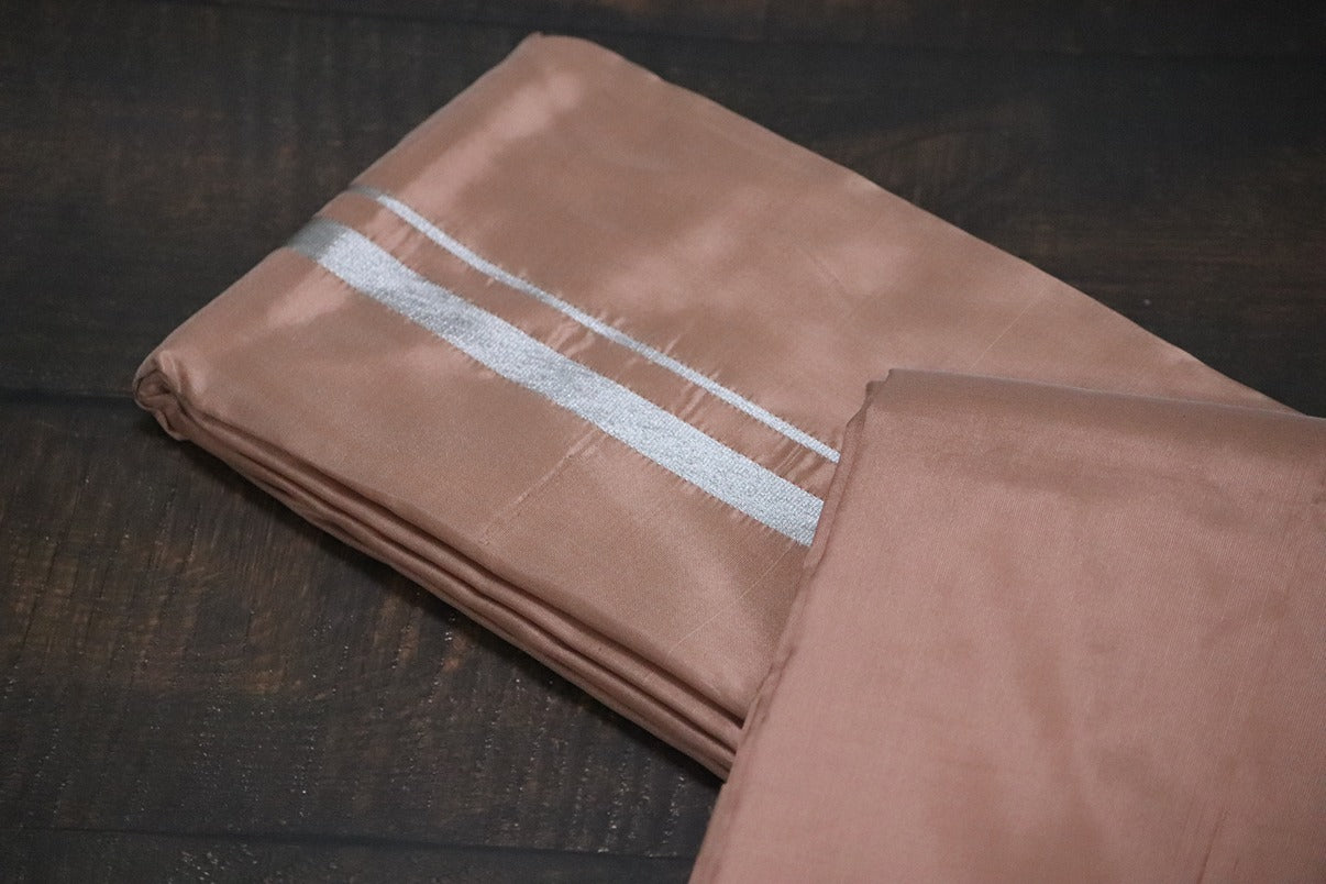 Artsilk Salmon Orange Combo Set (Shirt Fabric+Dhoti) with Silver Border