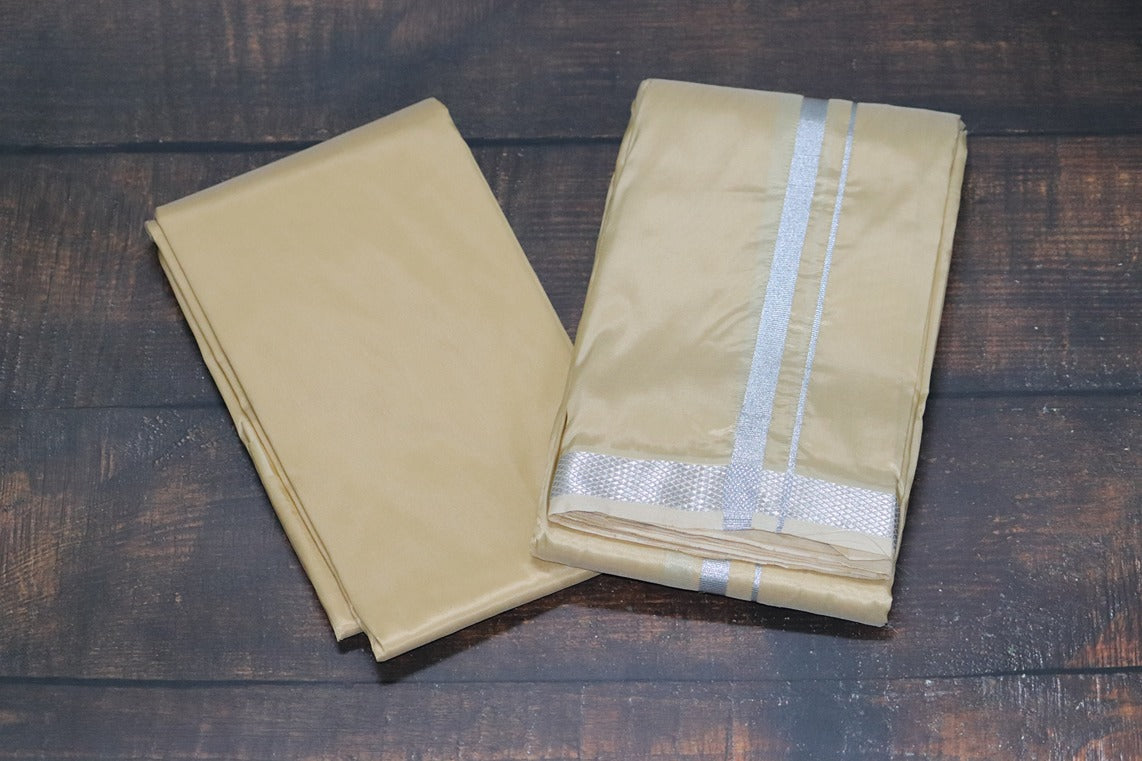 Artsilk Sunrise Yellow Combo Set (Shirt fabric+Dhoti) with Silver Border