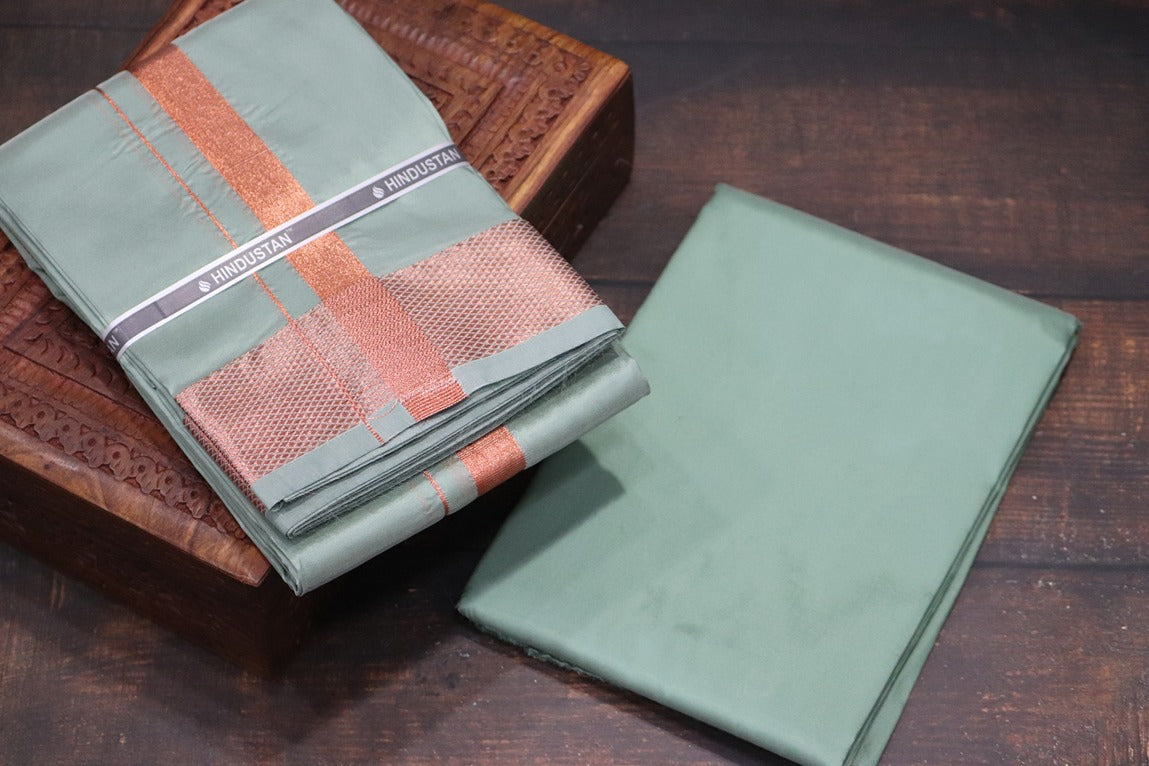 Artsilk Hunter Green Shirt Material+ 100k Dhoti with Copper Border