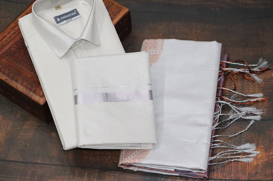 Raja Rani Readymade Tissue Silver Matching Set & Saree Combo