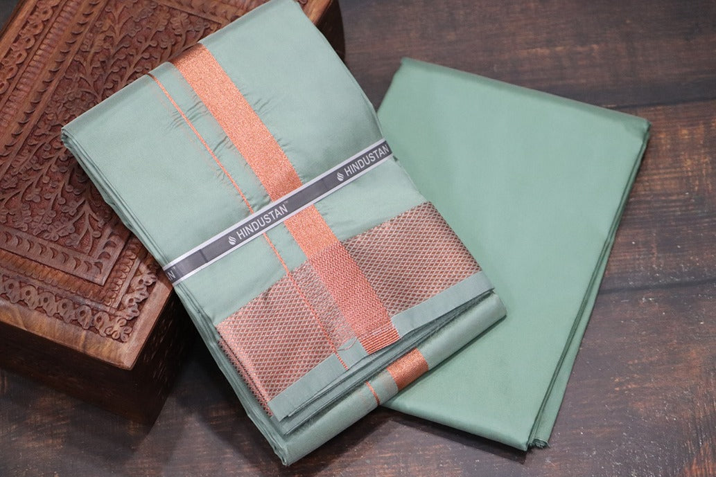 Artsilk Hunter Green Shirt Material+ 100k Dhoti with Copper Border