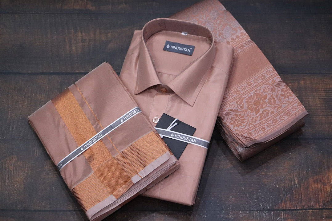 Raja Rani Artsilk Readymade Copper Shirt+100k Copper Border Matching Set & Saree Combo