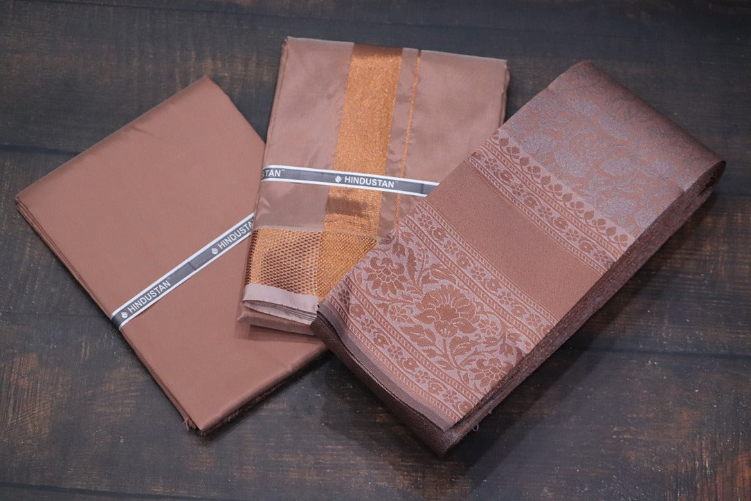 Raja Rani Artsilk Copper Shirt Material+100k Copper Border & Saree Combo