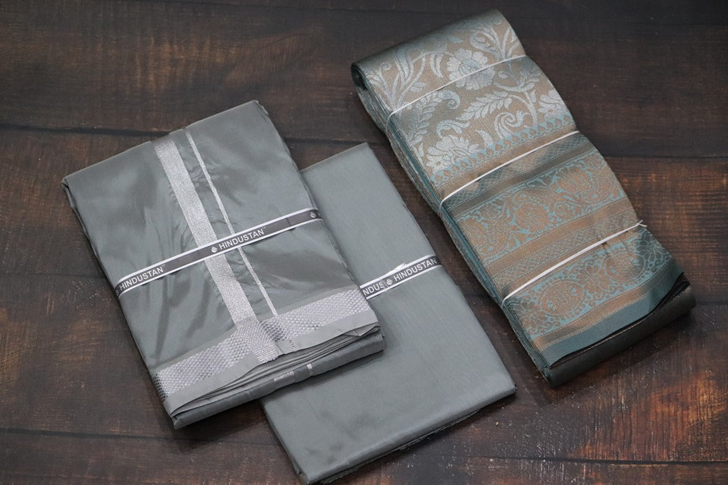 Raja Rani Artsilk Steel Grey Shirt Material+50k Silver Border & Saree Combo