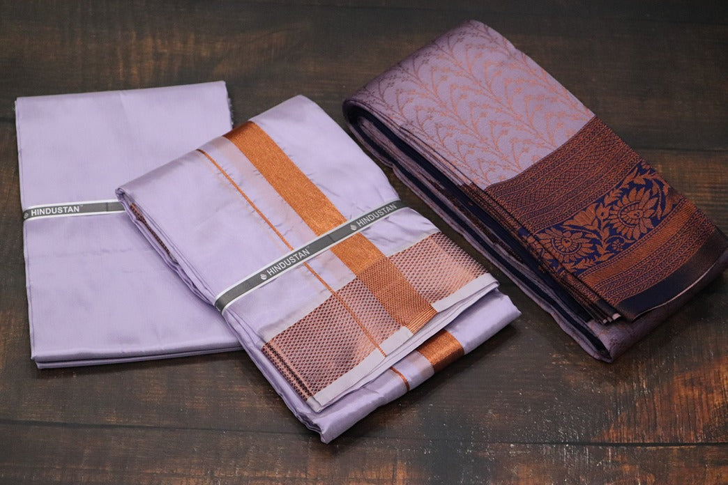 Raja Rani Artsilk Ultra Violet Shirt Material+100k Copper Border & Saree Combo