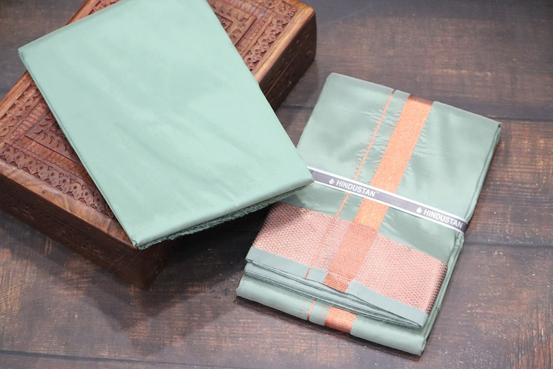 Artsilk Hunter Green Shirt Material+ 100k Dhoti with Copper Border