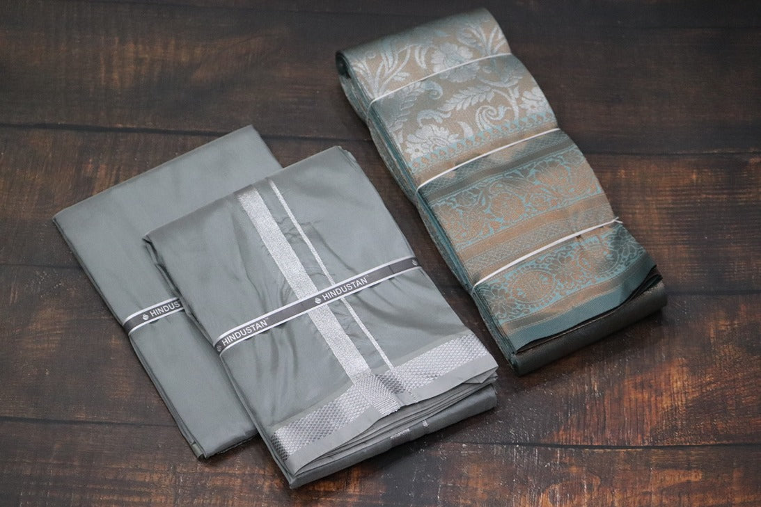 Raja Rani Artsilk Steel Grey Shirt Material+50k Silver Border & Saree Combo