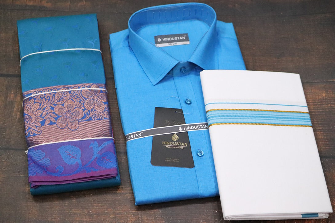 Raja Rani Marine Blue Matching Set + Saree Combo
